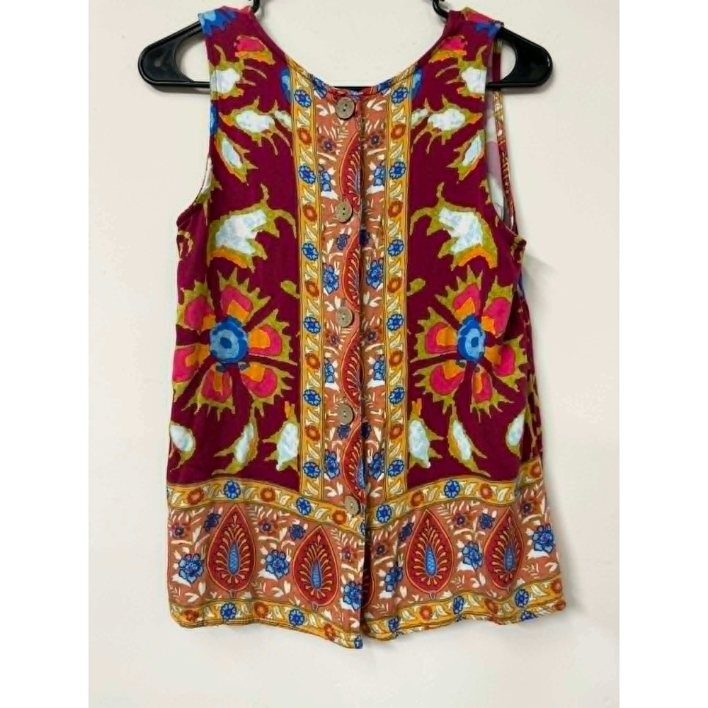 Haute Hippie Style Womens S Boho Paisley Floral Button Back Tank Top Burgundy